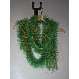 Vintage Handmade Skinny Scarf Green & Yellow Fuzzy Knit Scarf